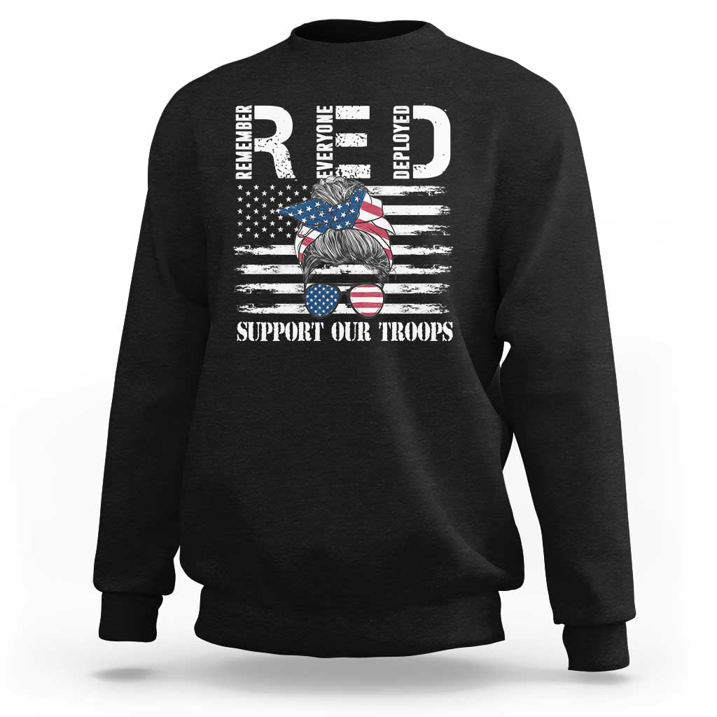 Black crewneck sweatshirt with long sleeves and patriotic troops graphic on front