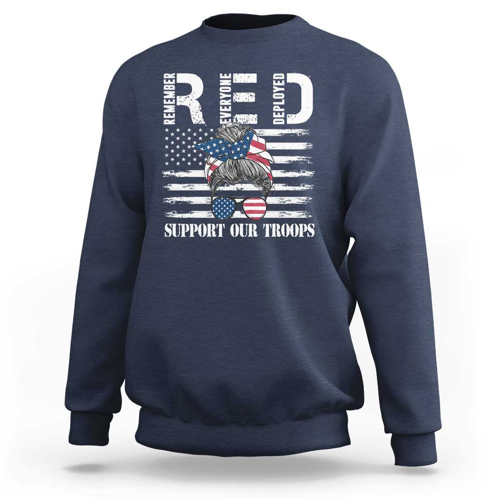 Navy crewneck sweatshirt with long sleeves and patriotic troops graphic on front