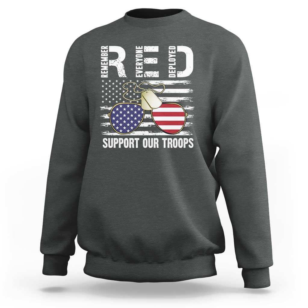 Dark heather gray sweatshirt with patriotic “Support Our Troops” graphic and flag glasses