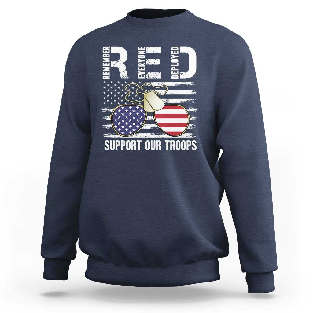 Navy sweatshirt with patriotic “Support Our Troops” graphic and flag glasses print