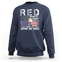 Navy sweatshirt with patriotic “Support Our Troops” graphic and flag glasses print