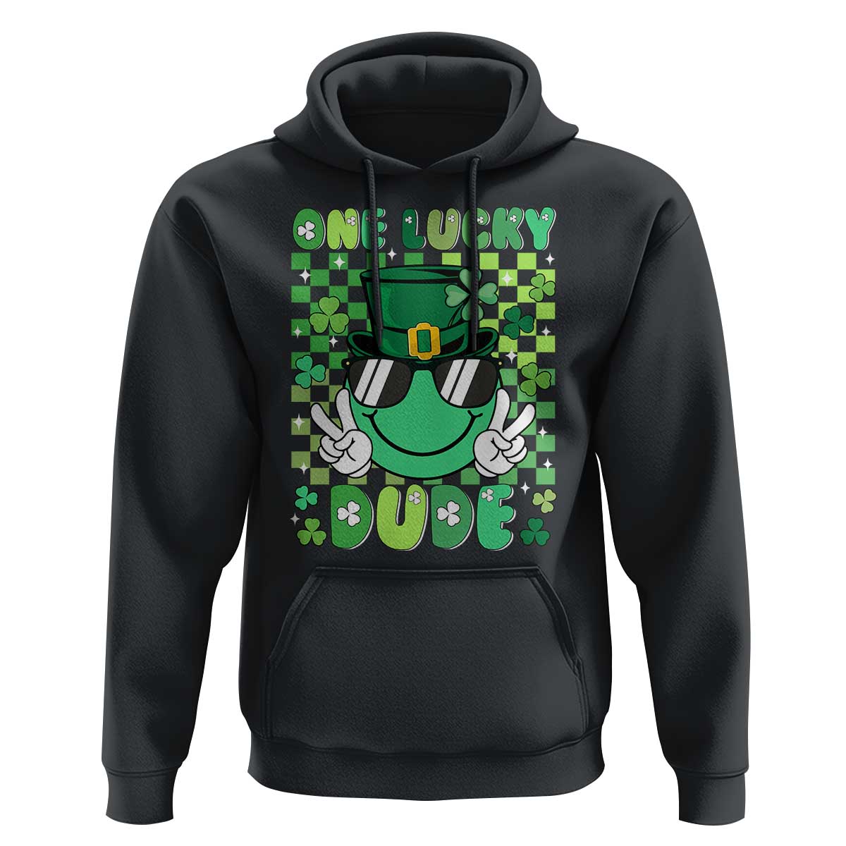 Retro St Patrick's Day Hoodie One Lucky Dude Green Checkered Heart Groovy