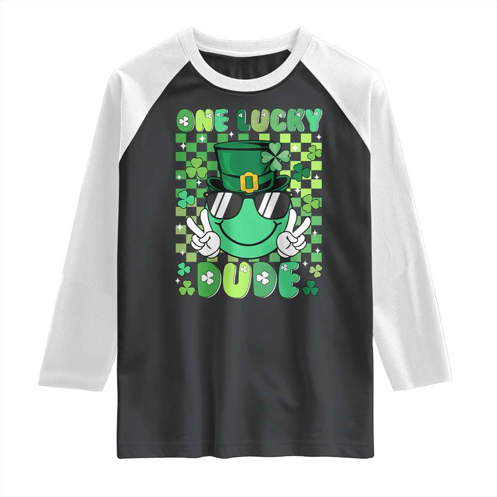 Retro St Patrick's Day Raglan Shirt One Lucky Dude Green Checkered Heart Groovy