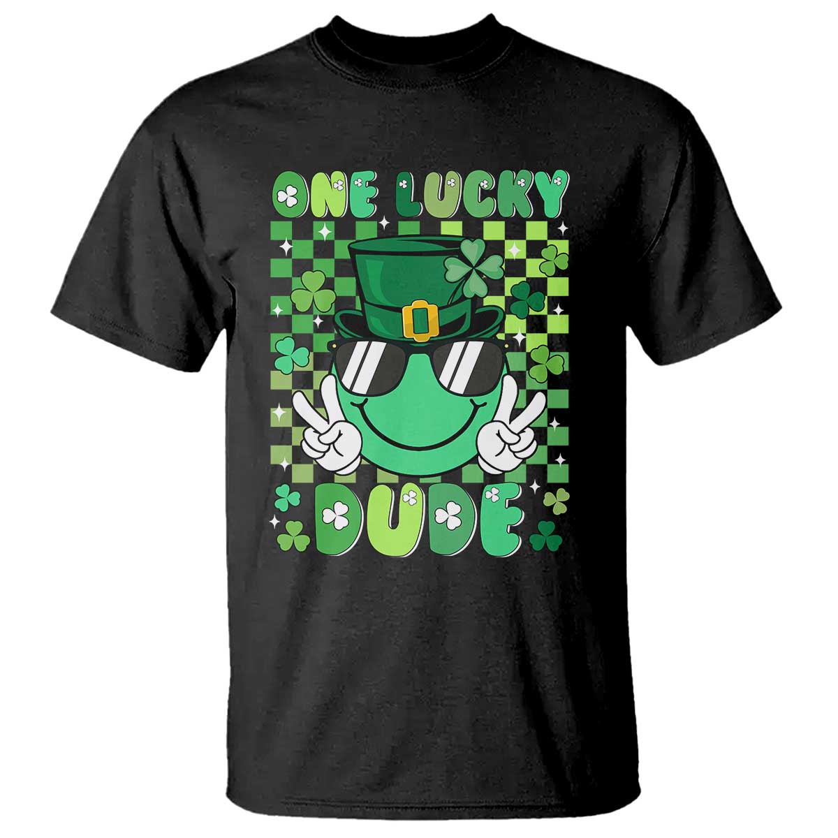 Retro St Patrick's Day T Shirt One Lucky Dude Green Checkered Heart Groovy