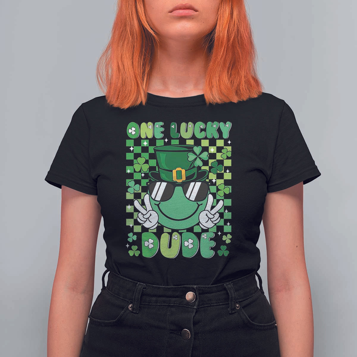 Retro St Patrick's Day T Shirt For Women One Lucky Dude Green Checkered Heart Groovy