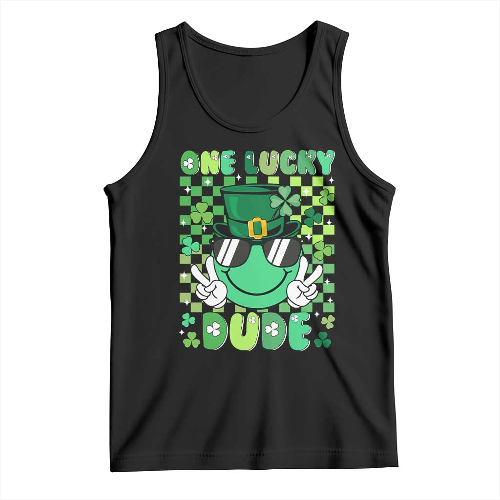 Retro St Patrick's Day Tank Top One Lucky Dude Green Checkered Heart Groovy