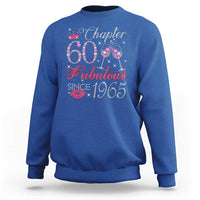 Women's 60th birthday sweatshirt, royal blue crewneck with glitter graphic print