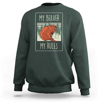 Dark forest green sweatshirt with beaver graphic and 'My Beaver / My Rules' text.