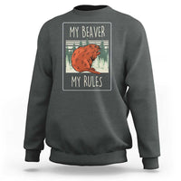 Dark heather sweatshirt with beaver graphic and 'My Beaver / My Rules' text on back.