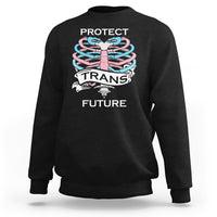 Black unisex sweatshirt with rib-knit cuffs and 'PROTECT TRANS FUTURE' front graphic