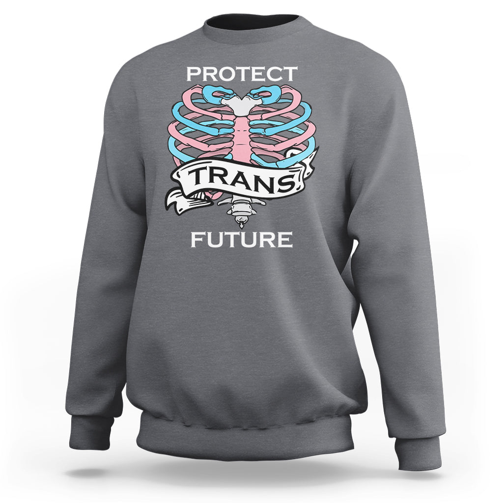 Charcoal unisex sweatshirt with rib-knit cuffs and 'PROTECT TRANS FUTURE' front graphic