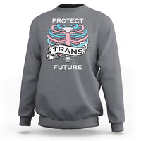Charcoal unisex sweatshirt with rib-knit cuffs and 'PROTECT TRANS FUTURE' front graphic