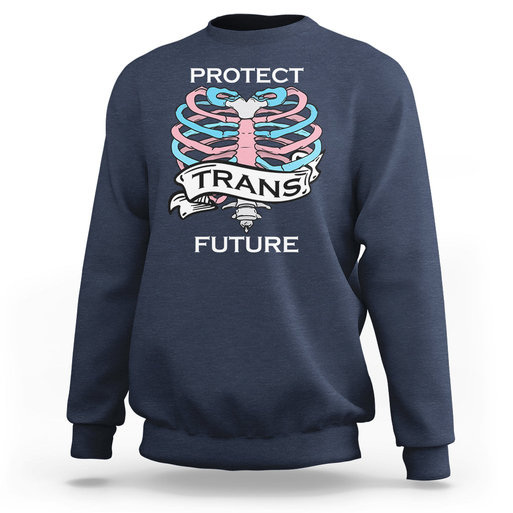 Navy unisex sweatshirt with rib-knit cuffs and 'PROTECT TRANS FUTURE' front graphic