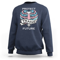 Navy unisex sweatshirt with rib-knit cuffs and 'PROTECT TRANS FUTURE' front graphic