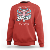 Red unisex sweatshirt with rib-knit cuffs and 'PROTECT TRANS FUTURE' front graphic