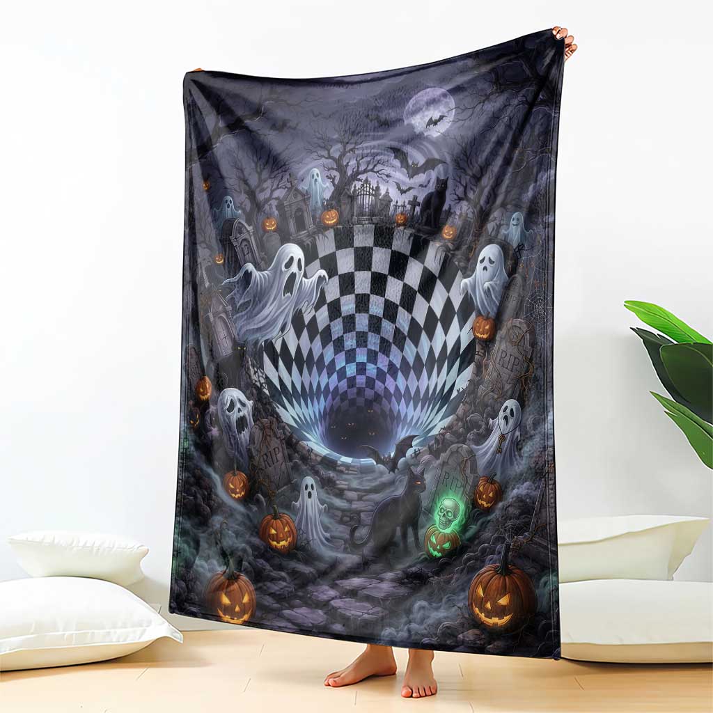 Horror Graveyard Ghosts Checkerboard Vortex 3D Halloween Optical Illusion Throw Blanket