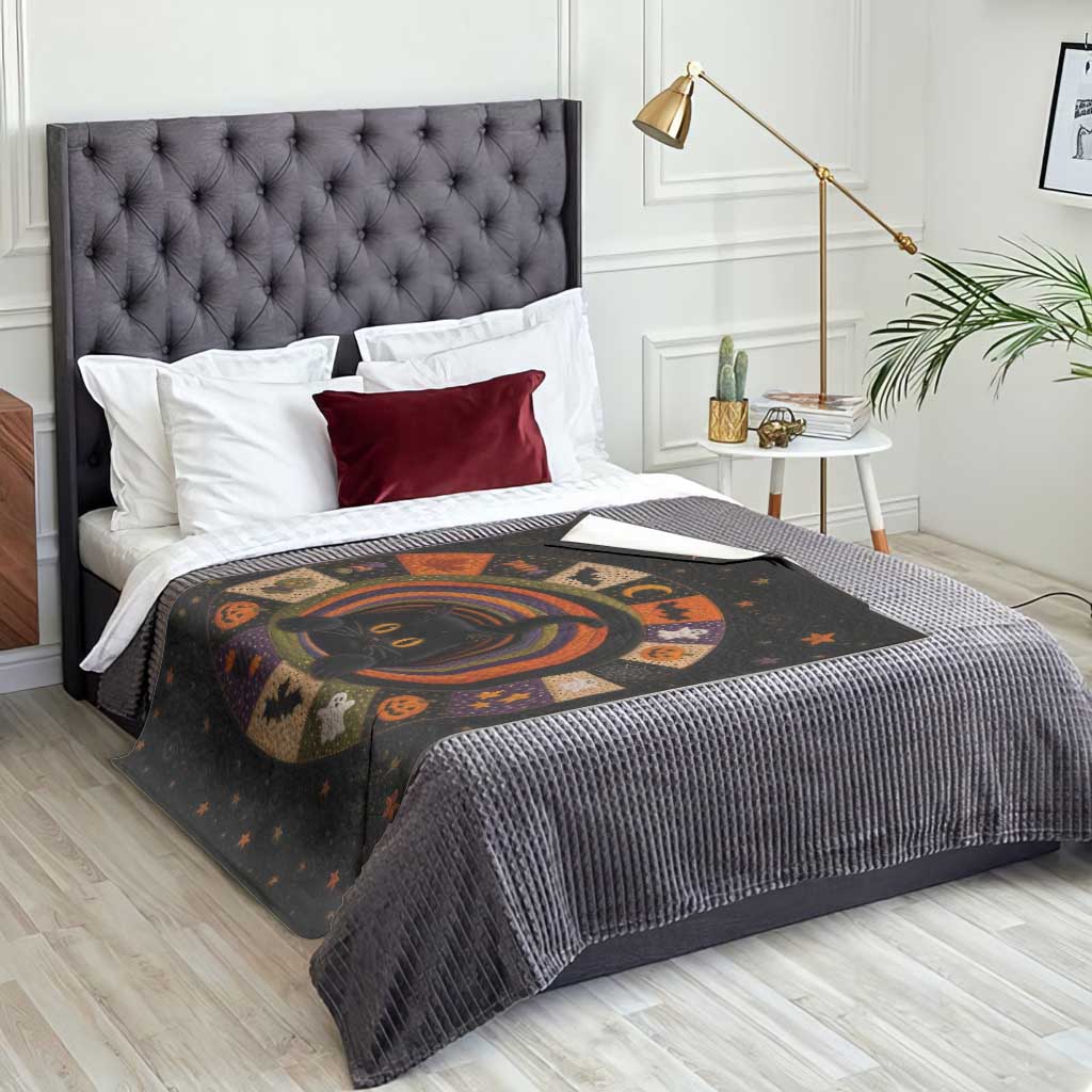 Cute Black Cat Patchwork Quilt Vortex 3D Halloween Optical Illusion Throw Blanket
