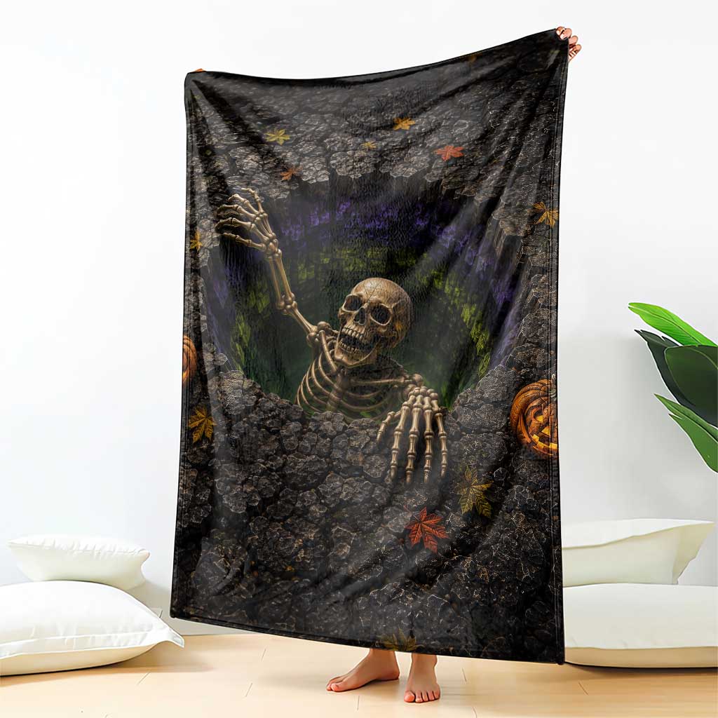 Skeleton Crawling Out Ground Pit 3D Halloween Optical Illusion Throw Blanket Spooky Gothic Horror Graphic