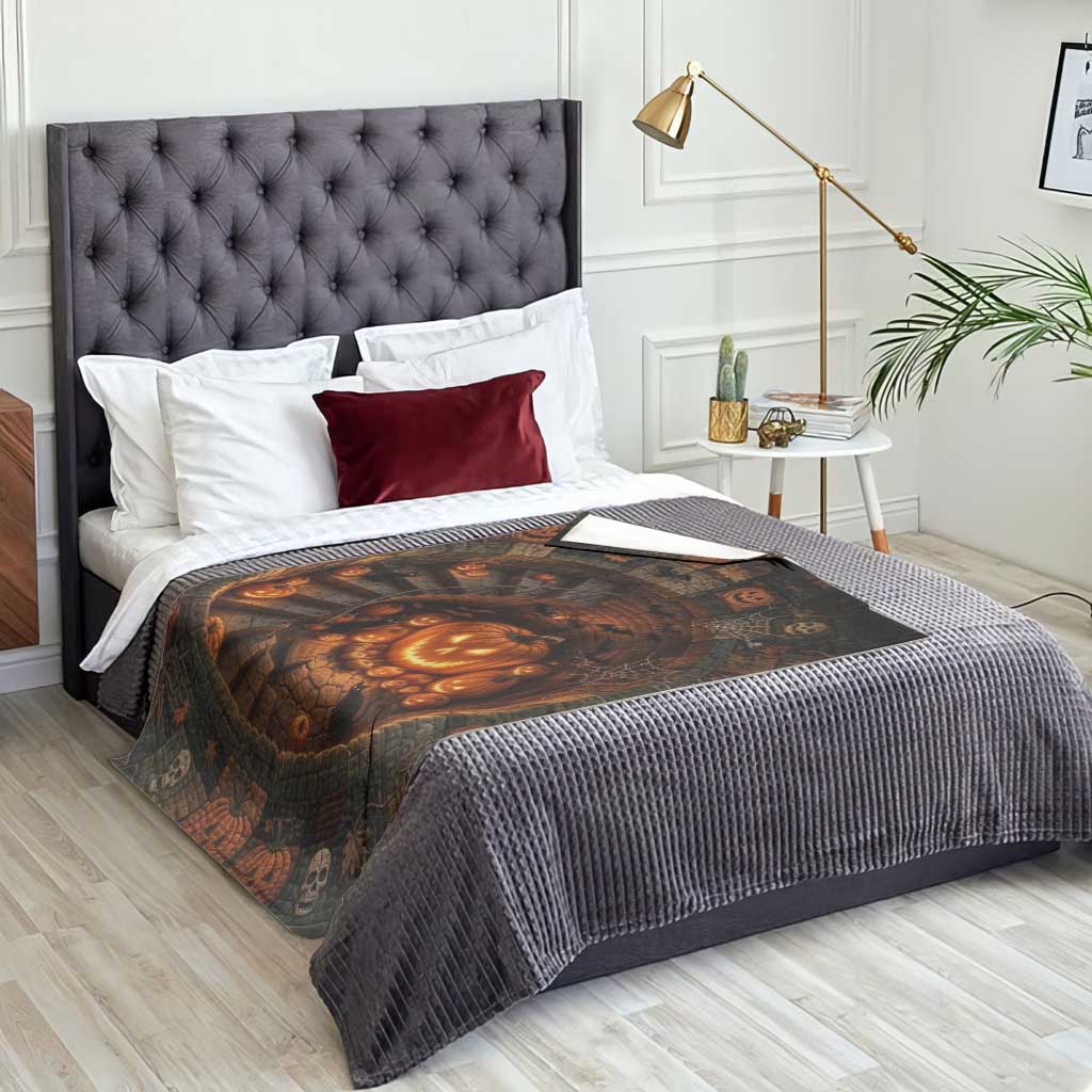 Haunted Pumpkin Cellar 3D Halloween Optical Illusion Throw Blanket Glowing Jack O Lantern Spiral Staircase Graphic