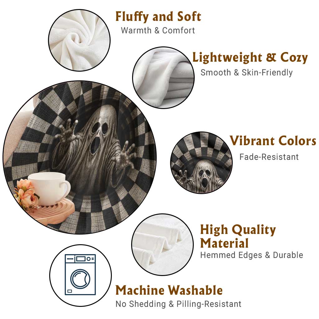 Spooky Screaming Ghost 3D Halloween Optical Illusion Throw Blanket Boo Sheet Checkerboard Vortex Graphic