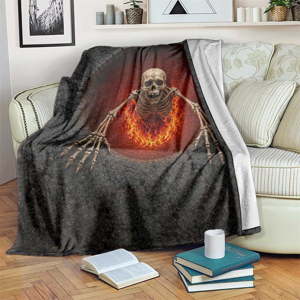 Spooky Fiery Skeleton Crawling Out 3D Optical Illusion Throw Blanket Pit Gothic Horror Halloween Graphic