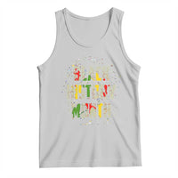 Light gray tank top with colorful splatter-style text graphic on front