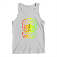Men's graphic tank top, light gray sleeveless crew neck with 'I AM Black History' print