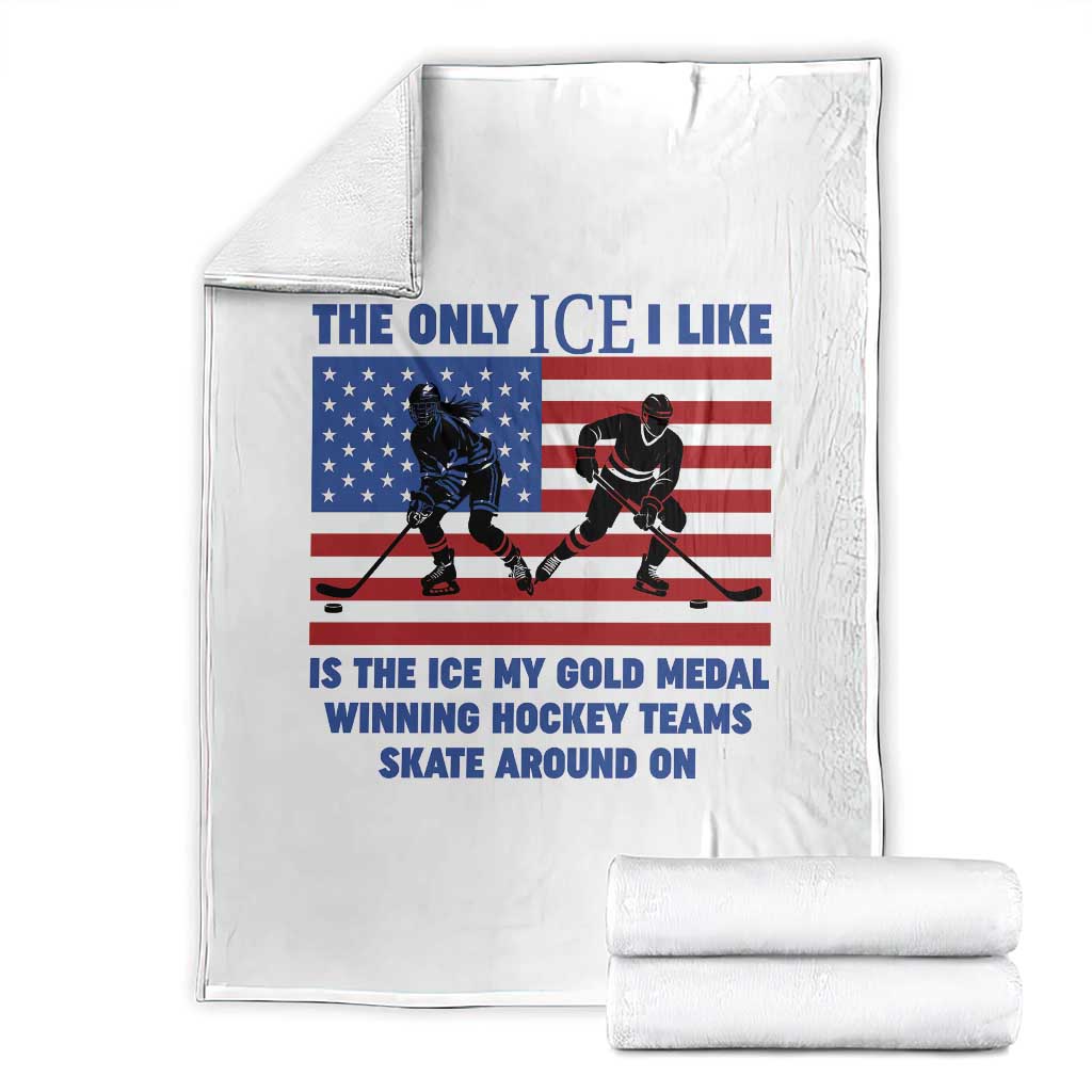 USA Gold Medal Hockey Patriotic American Flag Throw Blanket The Only Ice I Like Champions