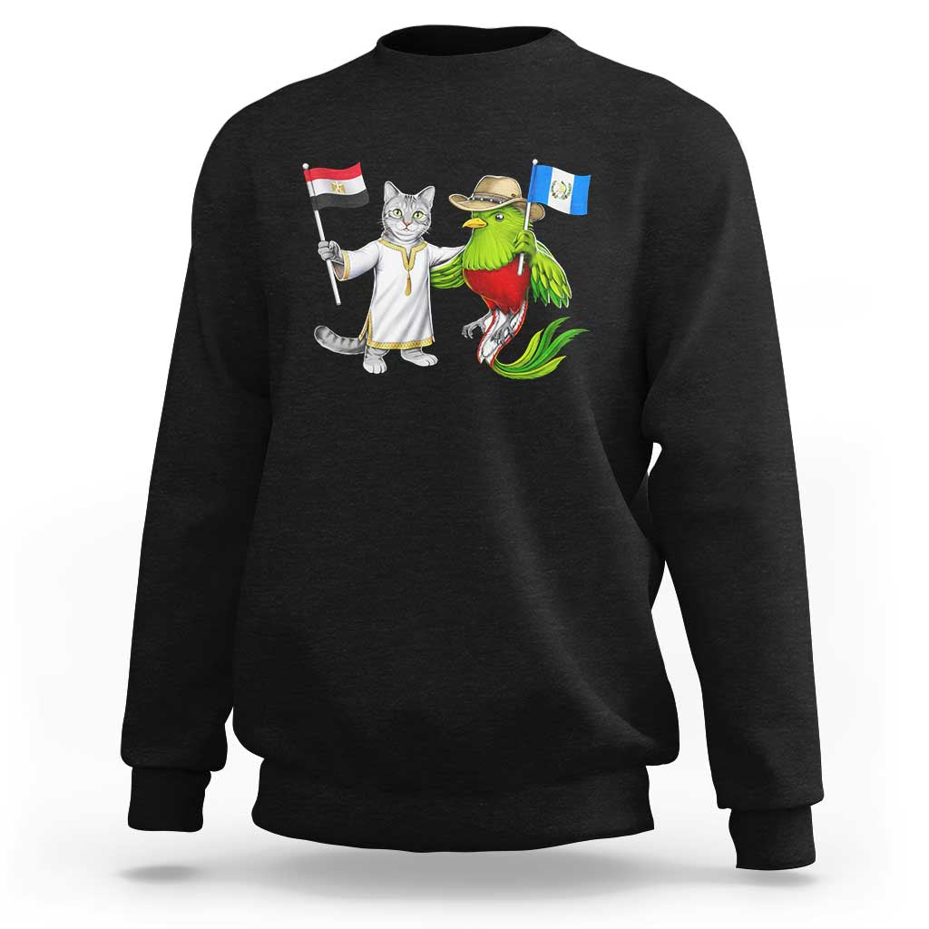 Egypt and Guatemala Friendship Heritage Pride Sweatshirt Cute Cat and Quetzal Holding Flag