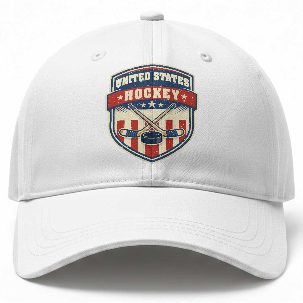 Hockey Crossed Sticks And Puck Retro USA Shield Flag Baseball Cap Red White Blue Striped Patriotic Sports Fan Pride Graphic