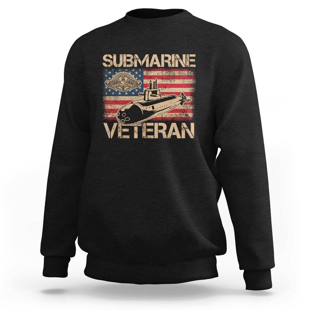 Black veteran sweatshirt with submarine and American flag graphic on chest