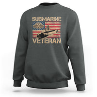 Dark heather veteran sweatshirt with submarine and American flag graphic on chest