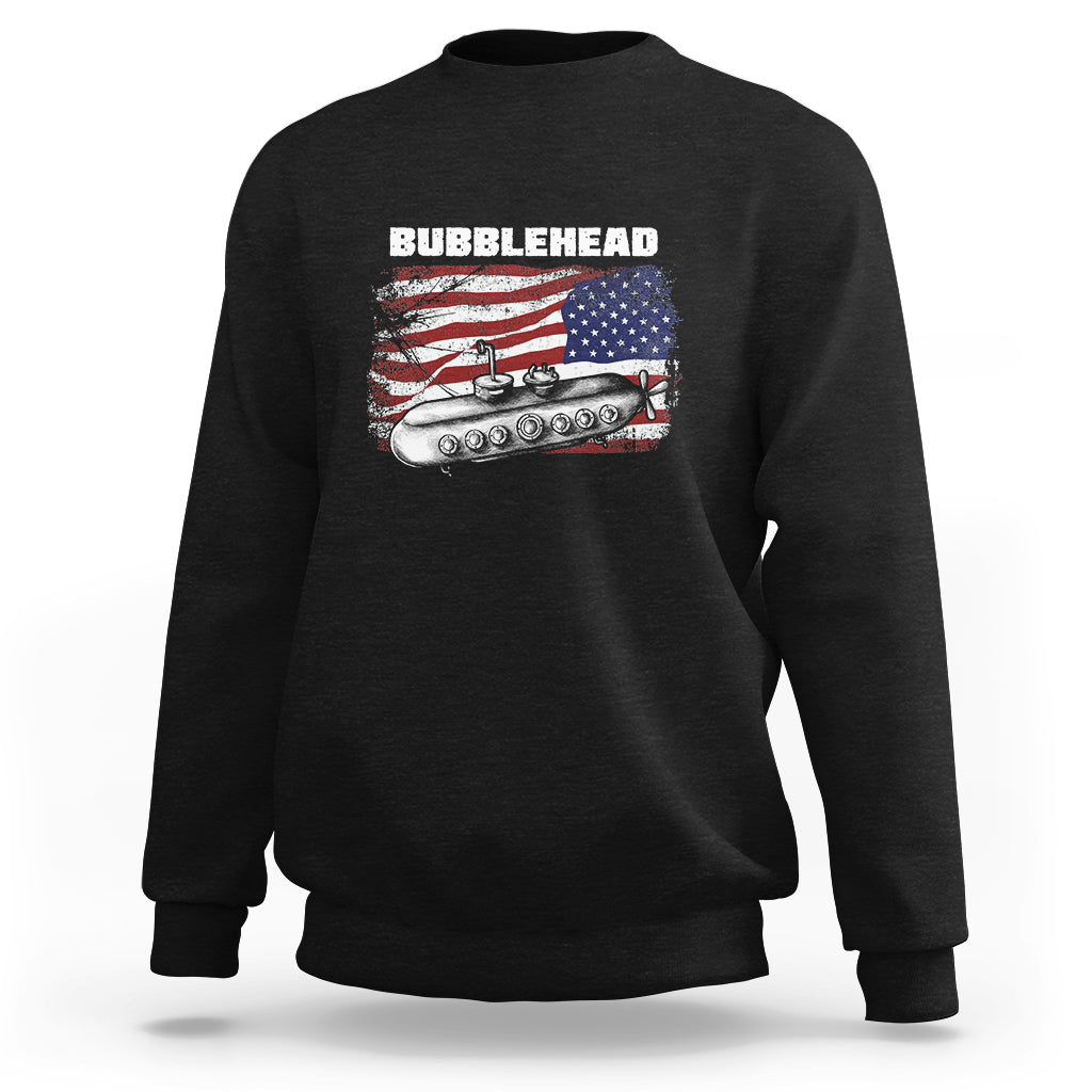 Black crewneck sweatshirt with “BUBBLEHEAD” American flag submarine graphic on chest