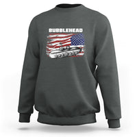 Dark heather gray crewneck sweatshirt with “BUBBLEHEAD” American flag submarine graphic on chest