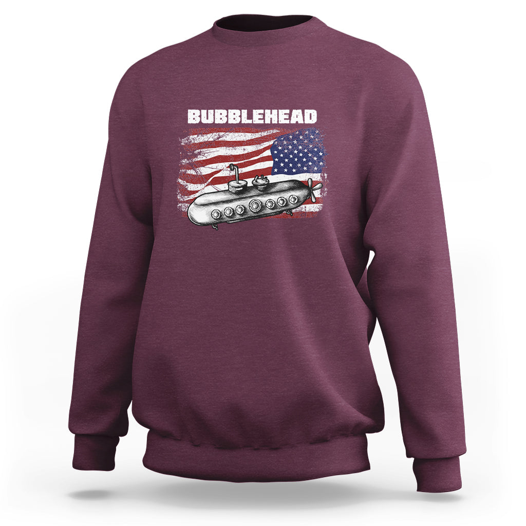 Maroon crewneck sweatshirt with “BUBBLEHEAD” American flag submarine graphic on chest