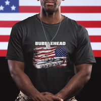 Men's black graphic T-shirt with Bubblehead logo and submarine American flag print