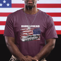 Men's maroon graphic T-shirt with Bubblehead logo and submarine American flag print