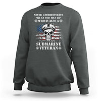 Dark heather sweatshirt with skull and “Submarine Veteran” graphic, American flag stripes (back view).