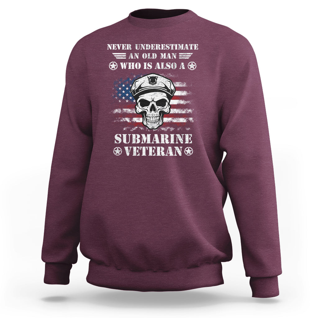 Maroon sweatshirt with skull and “Submarine Veteran” graphic, American flag stripes (back view).