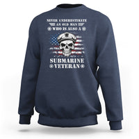 Navy sweatshirt with skull and “Submarine Veteran” graphic, American flag stripes (back view).