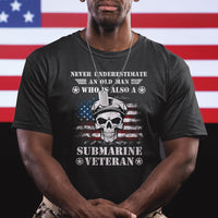 Men's black graphic T-shirt with skull and submariner veteran emblem print