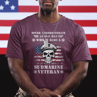Men's maroon graphic T-shirt with skull and submariner veteran emblem print
