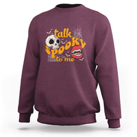Maroon Halloween sweatshirt with "Talk Spooky To Me" skull and vampire mouth graphic