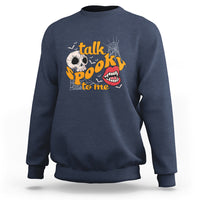 Navy Halloween sweatshirt with "Talk Spooky To Me" skull and vampire mouth graphic