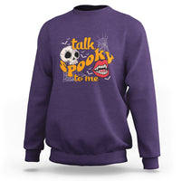 Purple Halloween sweatshirt with "Talk Spooky To Me" skull and vampire mouth graphic