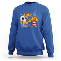 Royal blue Halloween sweatshirt with "Talk Spooky To Me" skull and vampire mouth graphic