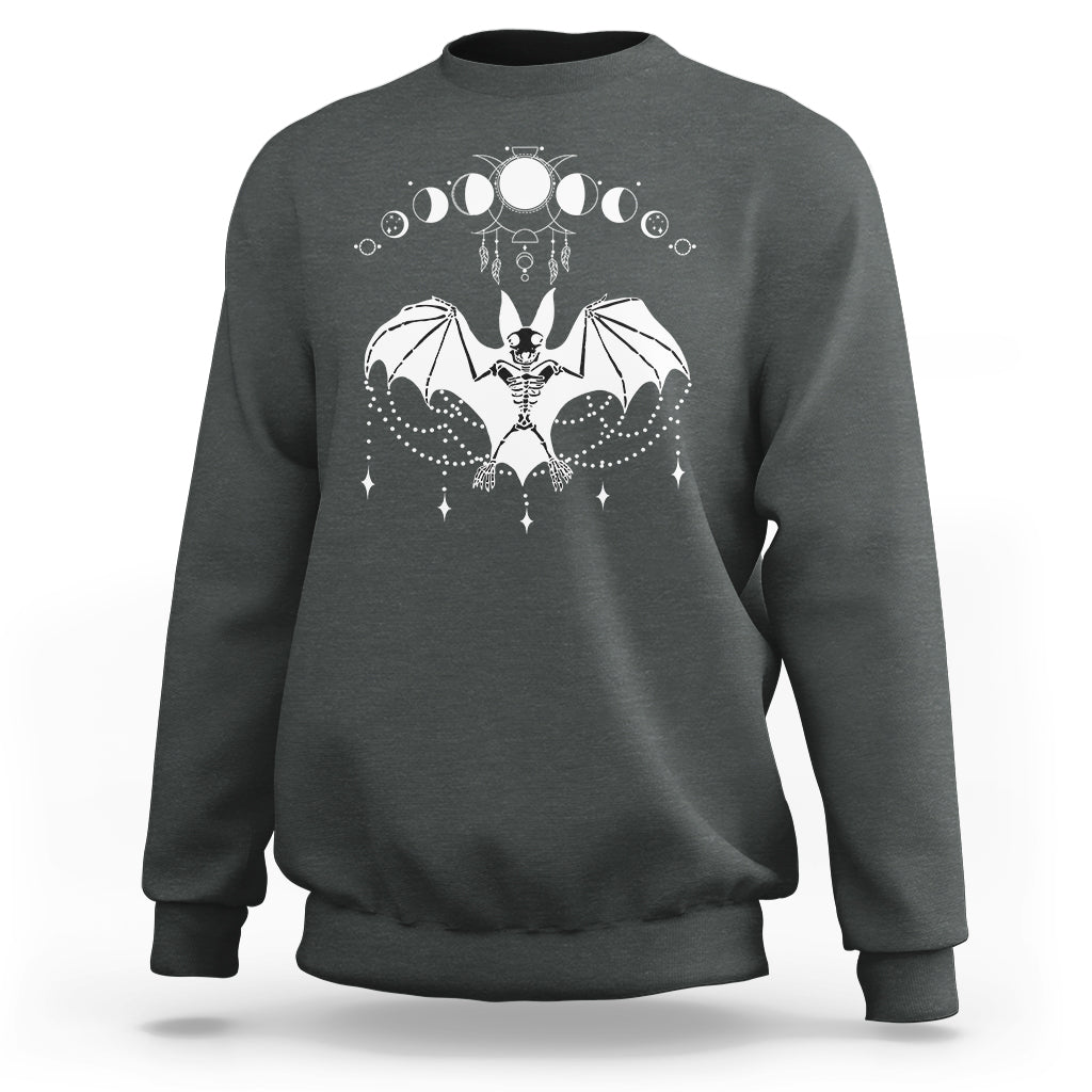 Dark heather gray crewneck sweatshirt with white bat witch graphic across the chest