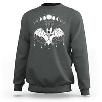 Dark heather gray crewneck sweatshirt with white bat witch graphic across the chest