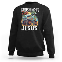 Black crewneck sweatshirt with 'CRUSHING IT JESUS' front graphic