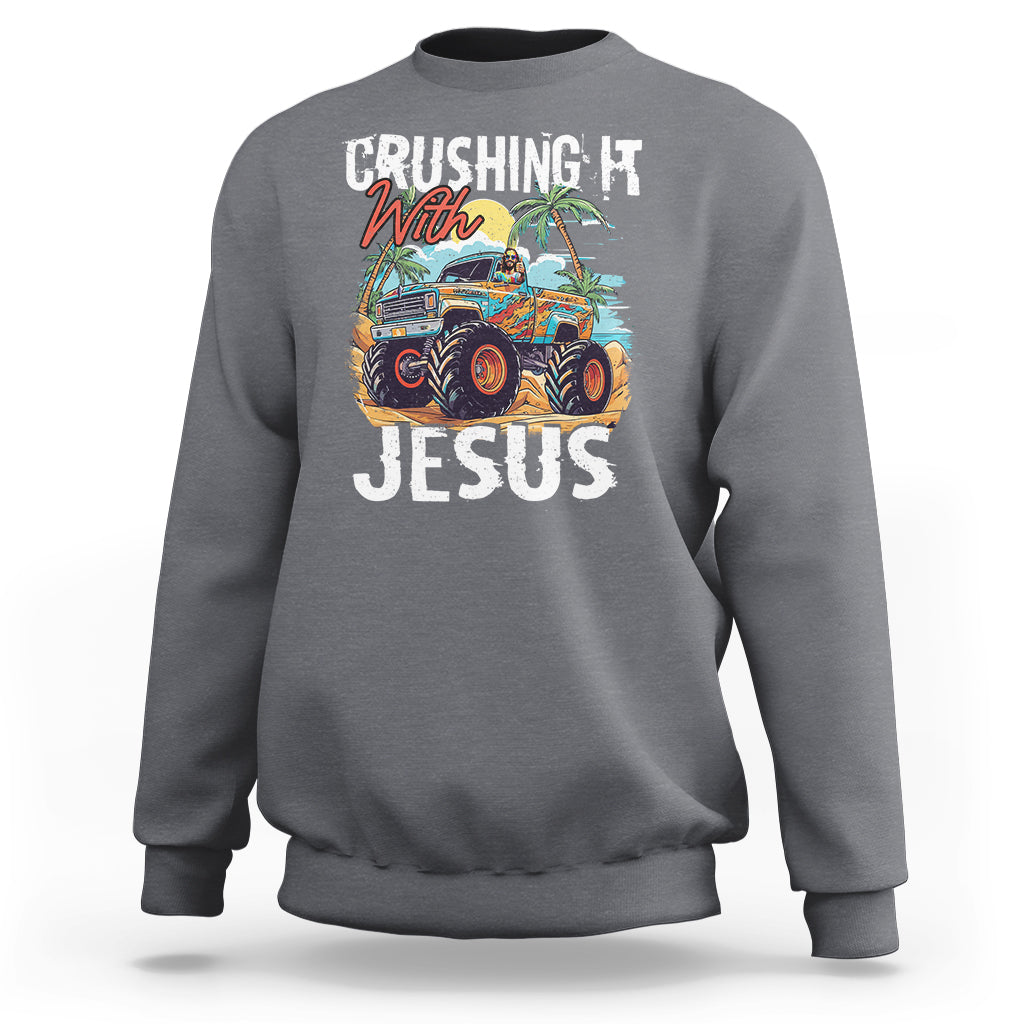 Charcoal crewneck sweatshirt with 'CRUSHING IT JESUS' front graphic
